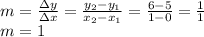m=\frac{\Delta y}{\Delta x}=\frac{y_{2}-y_{1} }{x_{2} -x_{1} }=\frac{6-5}{1-0}=\frac{1}{1}\\ m=1