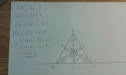 Point d is the centroid of triangle abc use the given information to find x. gd=2x-8 and gc=3x+3