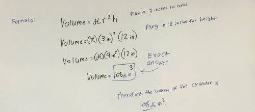 Find the volume of a cylinder with a radius of 3 and a height of 12