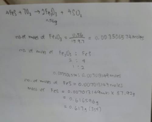 In the following reaction, how many grams of ferrous sulfide (fes) will produce 0.56 grams of iron (