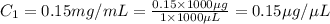 C_1=0.15 mg/mL=\frac{0.15\times 1000 \mu g}{1\times 1000 \mu L}=0.15 \mu g/\mu L