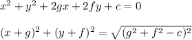 x^2+y^2+2 g x + 2 f y+c=0\\\\ (x+g)^2+(y+f)^2=\sqrt{(g^2+f^2-c)^2
