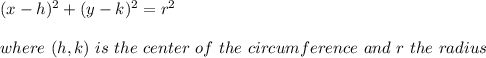 (x-h)^{2}+(y-k)^{2}=r^{2} \\ \\ where \ (h, k) \ is \ the \ center \ of \ the \ circumference \ and \ r \ the \ radius