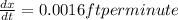 \frac{dx}{dt}=0.0016 ft per minute