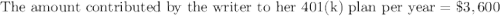 \text{The amount contributed by the writer to her 401(k) plan per year}=\$3,600