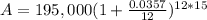 A = 195,000(1 + \frac{0.0357}{12})^{12*15}