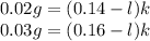 0.02g=(0.14-l)k\\0.03g=(0.16-l)k