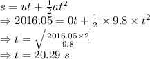 s=ut+\frac{1}{2}at^2\\\Rightarrow 2016.05=0t+\frac{1}{2}\times 9.8\times t^2\\\Rightarrow t=\sqrt{\frac{2016.05\times 2}{9.8}}\\\Rightarrow t=20.29\ s