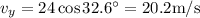 v_{y}=24 \cos 32.6^{\circ}=20.2 \mathrm{m} / \mathrm{s}