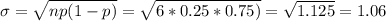\sigma=\sqrt{np(1-p)}=\sqrt{6*0.25*0.75)}=\sqrt{1.125}=1.06