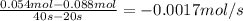 \frac{0.054mol-0.088mol}{40s-20s} =-0.0017mol/s