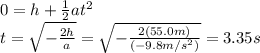 0 = h + \frac{1}{2}at^2\\t=\sqrt{-\frac{2h}{a}}=\sqrt{-\frac{2(55.0 m)}{(-9.8 m/s^2)}}=3.35 s