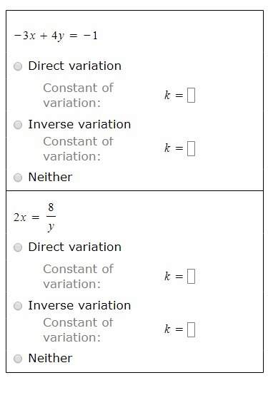 For each equation, determine whether it represents a direct variation, an inverse variation, or neit