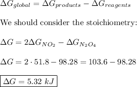 \Delta G_{global}=\Delta G_{products}-\Delta G_{reagents}\\\\&#10;\text{We should consider the stoichiometry:}\\\\&#10;\Delta G=2\Delta G_{NO_2}-\Delta G_{N_2O_4}\\\\&#10;\Delta G=2\cdot51.8-98.28=103.6-98.28\\\\&#10;\boxed{\Delta G=5.32~kJ}