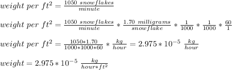 weight\ per\ ft^{2}=\frac{1050\ snowflakes}{minute}\\\\weight\ per\ ft^{2}=\frac{1050\ snowflakes}{minute}*\frac{1.70\ milligrams}{snowflake}*\frac{1\gram}{1000\milligrams}*\frac{1\kilogram}{1000\grams}* \frac{60\minutes}{1\hour}\\\\weight\ per\ ft^{2}=\frac{1050*1.70}{1000*1000*60}*\frac{kg}{hour}=2.975*10^{-5}\ \frac{kg}{hour}\\\\weight=2.975*10^{-5}\ \frac{kg}{hour*ft^{2}}