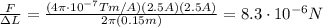 \frac{F}{\Delta L}=\frac{(4\pi \cdot 10^{-7} Tm/A)(2.5 A)(2.5 A)}{2 \pi (0.15 m)}=8.3\cdot 10^{-6} N