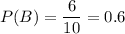 P(B)=\dfrac{6}{10}=0.6