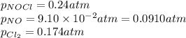 p_{NOCl}=0.24 atm\\p_{NO}=9.10\times 10^{-2}atm=0.0910atm\\p_{Cl_2}=0.174atm