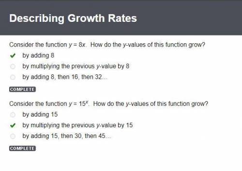 Consider the function y = 8x. how do the y-values of this function grow?  1) by adding 8 <  (this