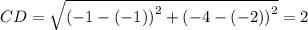 CD=\sqrt{\left(-1-\left(-1\right)\right)^2+\left(-4-\left(-2\right)\right)^2}=2