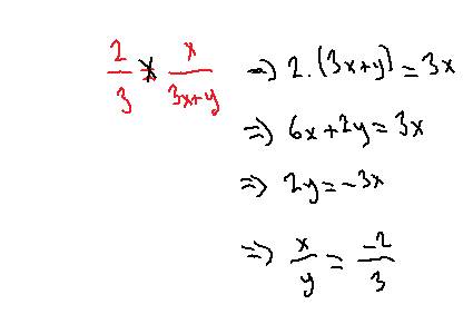 What is the ratio of x to y?  2/3 = x/3x+y
