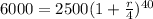 6000=2500(1+ \frac{r}{4} )^{40}