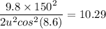 \dfrac{9.8\times 150^2}{2u^2cos^2(8.6)} = 10.29