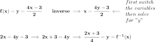 \bf f(x)=y=\cfrac{4x-3}{2}\qquad inverse\implies x=\cfrac{4y-3}{2}\impliedby &#10;\begin{array}{llll}&#10;first\ switch\\&#10;the\ variables\\&#10;then\ solve\\&#10;for\ "y"&#10;\end{array}&#10;\\\\\\&#10;2x=4y-3\implies 2x+3=4y\implies \cfrac{2x+3}{4}=y=f^{-1}(x)