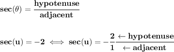 \bf sec(\theta)=\cfrac{hypotenuse}{adjacent}&#10;\\\\\\&#10; sec(u)=-2\iff sec(u)=-\cfrac{2}{1}\cfrac{\leftarrow hypotenuse}{\leftarrow adjacent}