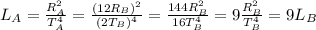 L_A=\frac{R_A^2}{T_A^4}=\frac{(12 R_B)^2}{(2 T_B)^4}=\frac{144 R_B^2}{16 T_B^4}=9\frac{R_B^2}{T_B^4}=9 L_B