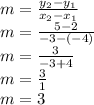m=\frac{y_2-y_1}{x_2-x_1}\\m=\frac{5-2}{-3-(-4)}\\m=\frac{3}{-3+4}\\m=\frac{3}{1}\\m=3