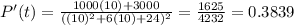 P'(t)=\frac{1000(10)+3000}{((10)^2+6(10)+24)^2}=\frac{1625}{4232}=0.3839