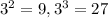 3^2 =9 , 3^3 =27