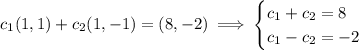 c_1(1,1)+c_2(1,-1)=(8,-2)\implies\begin{cases}c_1+c_2=8\\c_1-c_2=-2\end{cases}