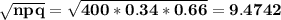 \bf \sqrt{npq}=\sqrt{400*0.34*0.66}=9.4742