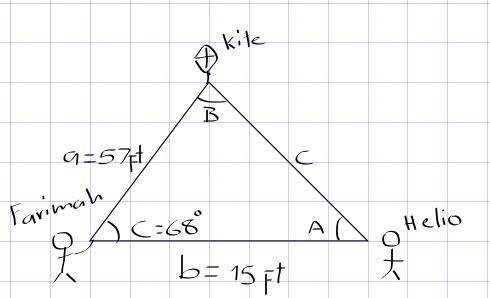 Farimah and helio are standing 15 ft. apart from each other and looking up at a kite that is with th