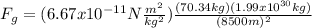 F_{g}=(6.67x10^{-11}N\frac{m^{2}}{kg^{2}})\frac{(70.34kg)(1.99x10^{30}kg)}{(8 500m)^{2}}