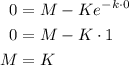 \begin{aligned} &#10;0 &= M - Ke^{- k\cdot 0} \\&#10;0 &= M - K \cdot 1 \\&#10;M &= K&#10; \end{aligned}&#10;