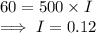 60=500\times I \\ \implies I=0.12