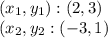 (x_ {1}, y_ {1}) :( 2,3)\\(x_ {2}, y_ {2}}: (- 3,1)
