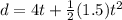 d = 4t + \frac{1}{2} (1.5)t^{2}