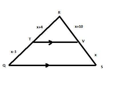 Triangle r q s is cut by line segment t v. line segment t v goes from side q r to side r s. the leng