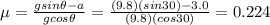 \mu = \frac{g sin \theta -a}{g cos \theta}=\frac{(9.8)(sin 30)-3.0}{(9.8)(cos 30)}=0.224