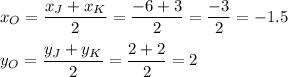 x_O=\dfrac{x_J+x_K}{2}=\dfrac{-6+3}{2}=\dfrac{-3}{2}=-1.5\\ \\y_O=\dfrac{y_J+y_K}{2}=\dfrac{2+2}{2}=2