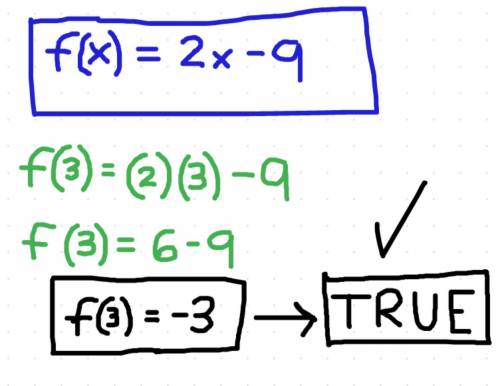 If f(x) = 2x - 9, then f(3) = -3. true false