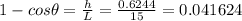 1-cos\theta=\frac {h}{L}=\frac {0.6244}{15}=0.041624
