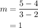 \begin{aligned}m&=\frac{{5 - 4}}{{3 - 2}}\\&= 1\\\end{aligned}
