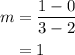 \begin{aligned}m&= \frac{{1 - 0}}{{3 - 2}}\\&= 1\\\end{aligned}