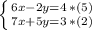 \left \{ {{6x-2y=4\:*(5)} \atop {7x+5y=3\:*(2)}} \right.