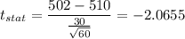t_{stat} = \displaystyle\frac{502- 510}{\frac{30}{\sqrt{60}} } = -2.0655